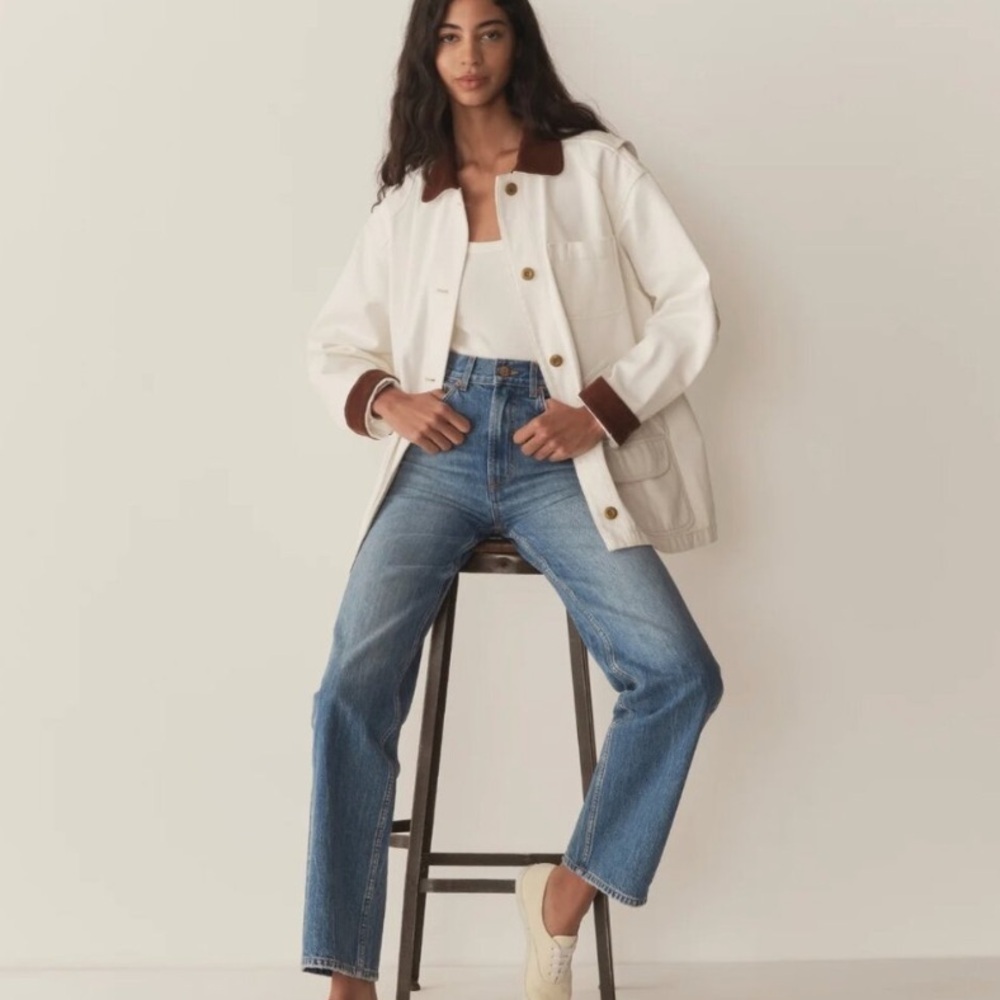 NWT Doen Pascual Cotton Denim Jean Corduroy Collar Button Barn Jacket Salt White - Picture 4 of 14